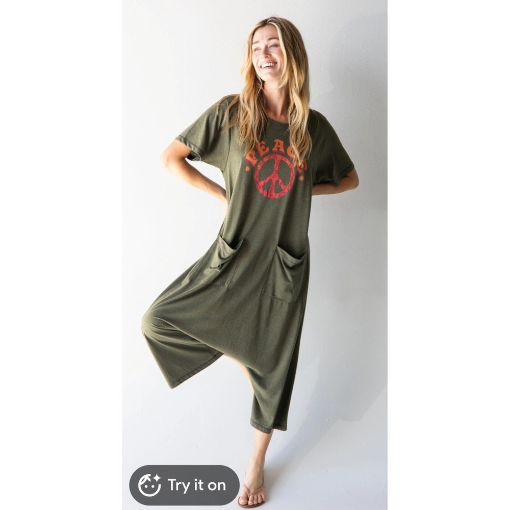 Natural Life Nomad Knit Johnie Jumpsuit Womens S/M Green Wide Leg Peace Boho